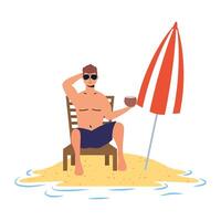 man relaxing on the beach seated in chair and umbrella vector