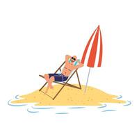 man relaxing on the beach seated in chair and umbrella vector