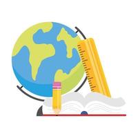mundo planeta tierra con libro y útiles escolares vector