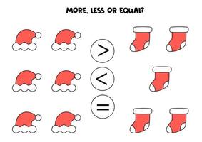 More, less, equal with Christmas socks and caps. Math comparison. vector