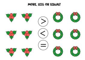 More, less, equal with Christmas holly and wreath. Math comparison. vector