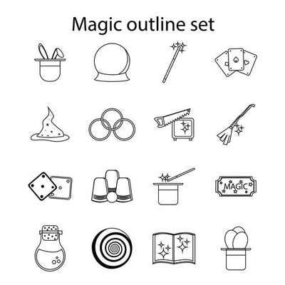 Magic icons set, outline style