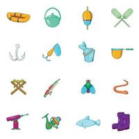 Fishing icons set, cartoon style vector