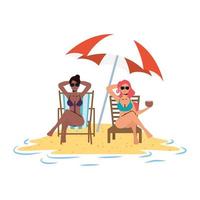 Chicas interraciales relajándose en la playa sentados en sillas y sombrillas vector