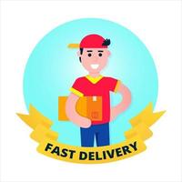 Fast delivery boy character with clipboard and box flat style design vector illustration. Delivery man with the box in his hands on the circle emblem. Symbol of delivery company. Fast and free.