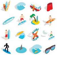 Surfing isons set, isometric 3d style vector