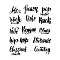 Lettering styles of music. Jazz fusion, rock disco, indie, reggae blues, hip hop, electronic music, classical, country. Vector stock illustration.