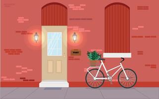 Residential building with a door, a front entrance with a threshold and steps, a porch, lamps. Vector illustration