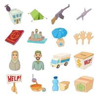 Refugees icons set, cartoon style vector