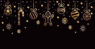 Navidad adornos navideños dorados y dulces sobre un fondo negro - vector