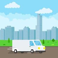 Fast delivery truck service on the road. Car van with landscape behind flat style design vector illustration isolated on light blue background.  Symbol of delivery company.