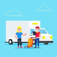 Fast delivery boy character with clipboard and trolley and boxes on it flat style design standing near woman behind car van. Delivery to home concept. Fast and free. vector