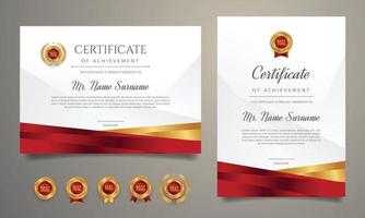 Certificate of achievement border template with red and golden badges vector