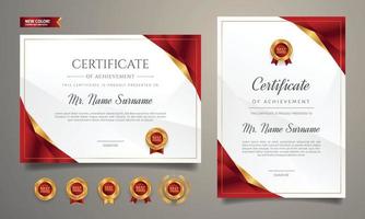 Certificate of achievement border template with gold and red badges vector