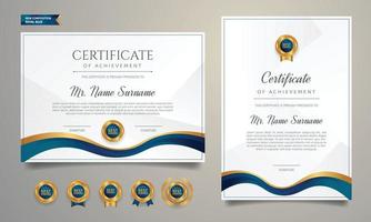 Blue and gold certificate with badge and border A4 template for award vector