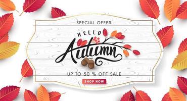 diseño de fondo de venta de otoño decorar con hojas para venta de compras o cartel promocional y folleto de marco o banner web vector