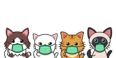 Set of cartoon character cute cats wearing protective face masks vector