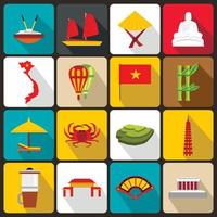 Conjunto de iconos de viajes de Vietnam, estilo plano vector