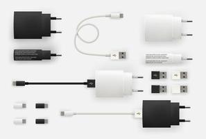 Realistic 3D USB micro cables, connectors, sockets and plug vector