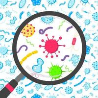 Microbes and bacterias in the circle magnifier flat style design vector illustration isolated on white background.