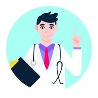 Doctor avatar personaje de pie en la ilustración de vector de diseño de estilo plano de círculo aislado sobre fondo blanco. icono de empleado del personal del hospital de la clínica médica.