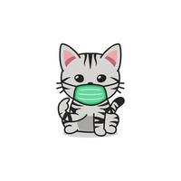 Cartoon character american shorthair cat wearing protective face mask vector