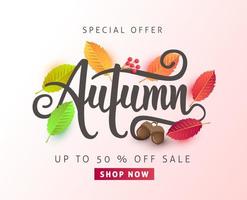 diseño de fondo de venta de otoño decorar con hojas para venta de compras o cartel promocional y folleto de marco o banner web vector