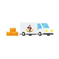 Fast red delivery vehicle car van and girl character with clipboard and trolley and boxes on it flat style design vector illustration isolated on white background.  Symbol of delivery company.