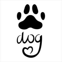 A dog's paw with black heart is isolated on white background. Vector illustration in doodle style. Paw of an animal, a puppy with the inscription dog.