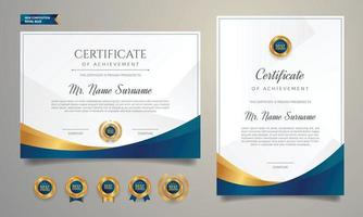 Premium diploma certificate template, gold and blue color with badges vector