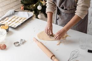 Smiling woman in the kitchen baking christmas cookies photo