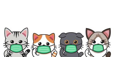 Set of vector cartoon character cats wearing protective face masks