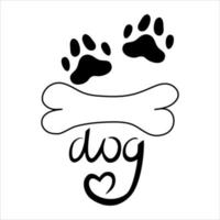 A dog's paw with black heart is isolated on white background. Vector illustration in doodle style. Paw of an animal, a puppy with the inscription dog