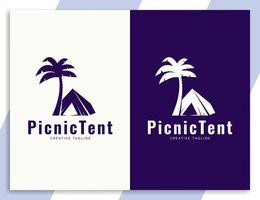 logotipo de carpa y palmera, plantilla de diseño de logotipo de viaje vector