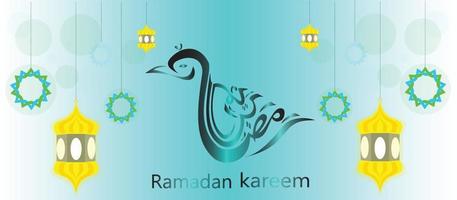 ramadan kareem arabic calligraphy in the form of a bird, with the light of a lamp. on a blue background .greeting card vector design