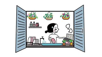 work from home washing dishes in kitchen behind window. vector