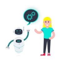 Robot chatbot head icon sign in the speech bubble talking with girl vector