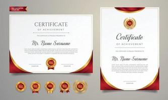 Certificado de plantilla de premio, color dorado y rojo con insignia. vector