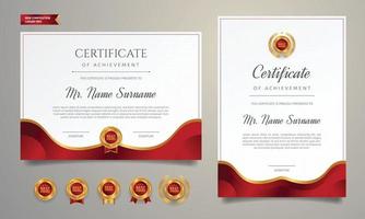 Plantilla de certificado rojo y dorado con insignias. vector