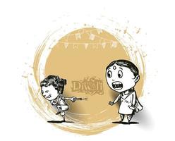 Cute indian kids enjoying firecracker celebrating Happy Diwali, Hand Drawn Sketch Vector illustration.