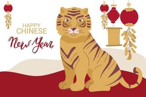 Ilustración de vector de tarjeta de felicitación. 2022 año nuevo chino tradicional con tigre. banner horizontal. dibujo a mano de oro rojo