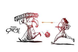 Rama killing Ravana with ten heads bow and arrow with text Happy Dussehra festival of India. vector