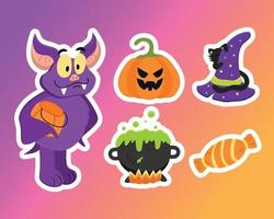 A set of vector stickers for Halloween with the image of a kind bat and a witch hat with a black cat