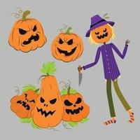 Vector set illustration of pumpkins with faces Halloween night