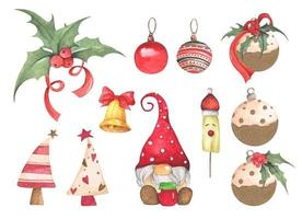 Set of Christmas decorations. Watercolor illustration. vector