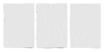 White empty badly glued paper texture, wet wrinkled effect paper sheets, vector realistic set