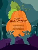 Vector themed banner for the Halloween holiday with a pumpkin and a dead man's hand in the cemetery