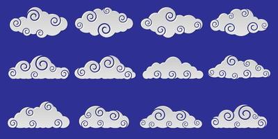 nubes blancas, diferentes formas, conjunto de iconos de nubes chinas, estilo de corte vector