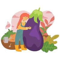 Vector illustration of a happy girl hugging a large eggplant grown in her garden