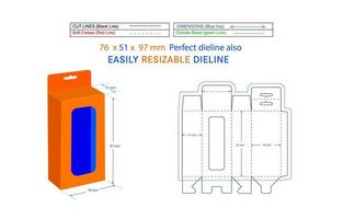 Bottom snap lock mobile charger box, Hanging window box, 76 x 51 x 97 mm box dieline packaging design and 3D box vector